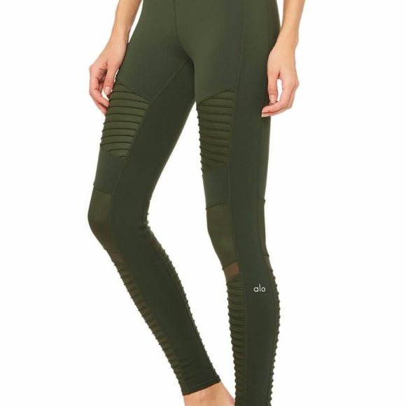 ALO Yoga High Waist Moto Leggings Dark Olive Green - Picture 2 of 8